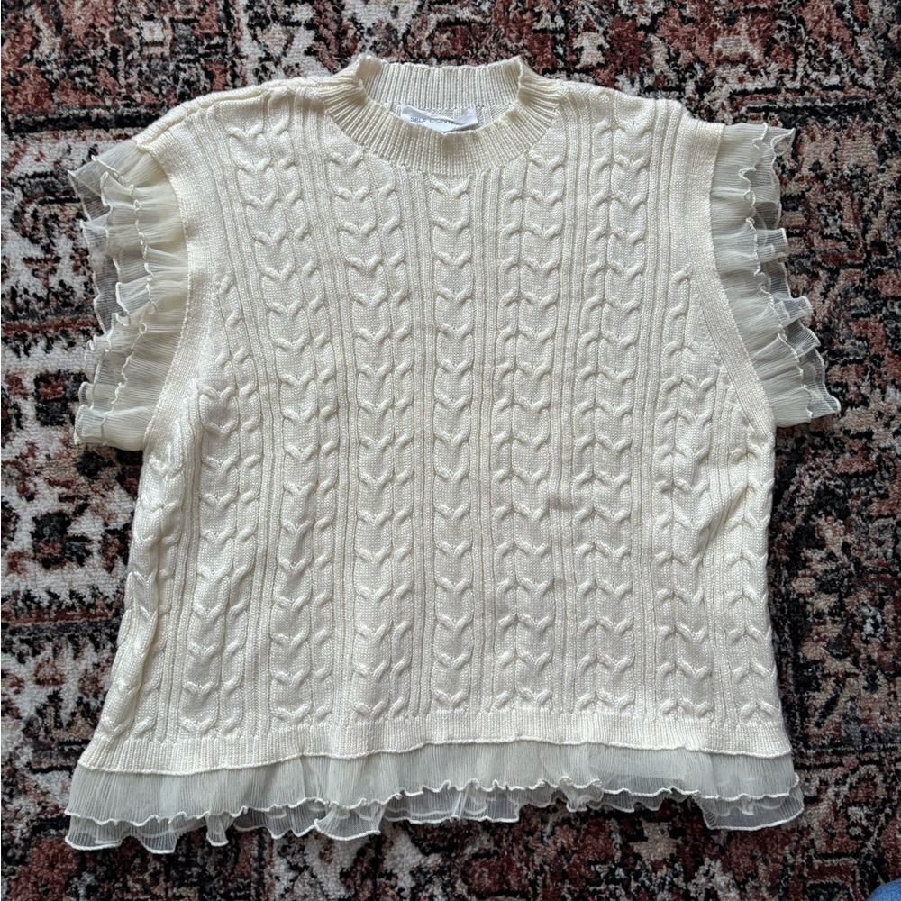 White Cable Knit Sweater with Ruffle Sleeves